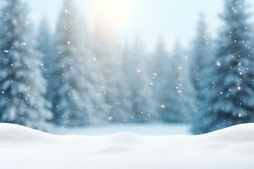 Winter Xmas Background With Snowfall and Blurred Bokeh.merry Christmas and Happy New Year Greeting Card With Copy-space. Christmas Landscape With Snow Covered Fir Trees in Forest.