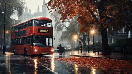 Poster Londen rode bus London street with red bus in rainy day sketch illustration