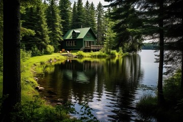 Obraz premium Amazing Wooden House near the Lake in the middle of the Forest. Lot of Vegetation, Green, Nature.