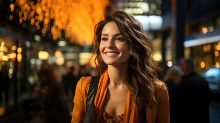 Joyful woman with radiant smile strolling through a bustling city street illuminated by enchanting evening lights.