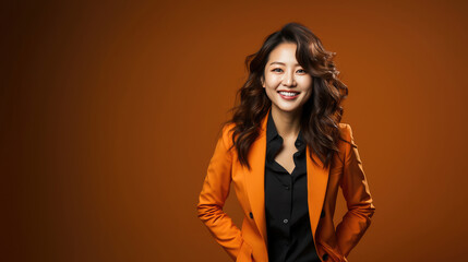 Radiant young Asian woman in business attire, exuding confidence with a warm smile against a vibrant orange backdrop.