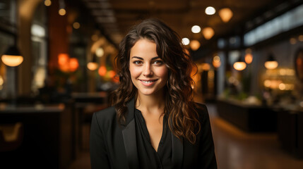 Confident brunette woman in business attire, smiling warmly against a softly lit, sophisticated cafe interior backdrop.