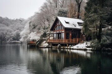 Fototapeta premium Amazing Wooden House near the Lake during Winter Season. Lot of Snow an Snowy Weather.