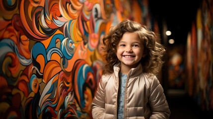 Delightful young girl with curly hair smiles brightly against a colorful urban graffiti mural backdrop at night.