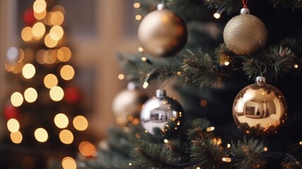 Fototapeta na wymiar Closeup of Festive Christmas Pine Tree in a Cozy Living Room