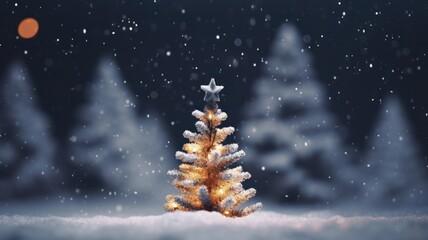 Close-Up of Miniature Christmas Tree in Snow, Illuminated at Night with Christmas is Coming Message
