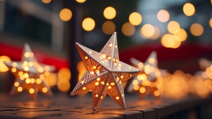 Closeup of Industrial Star-Shaped Christmas Lights in Multiple Colors for Commercial Celebrations and Holidays in Space