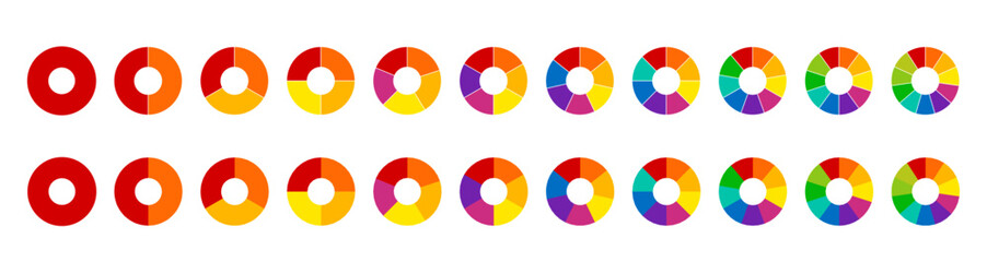 Color section of the segment. Multicolored circle section graph objects. Pie chart icon. 1,2,3,4,5,6,7,8,9,10,11 infographic segment. Part of a round color scheme wheel vector illustration eps10