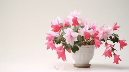Close-up of Pink Christmas Cactus in Potted Plant with Colorful Blooms and White Background: A Beautiful Houseplant for the Festive Season!
