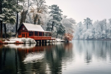 Amazing Wooden House near the Lake during Winter Season. Lot of Snow an Snowy Weather.