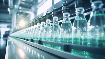 Line of bottling beverages in plastic bottles on clean light factory. - obrazy, fototapety, plakaty