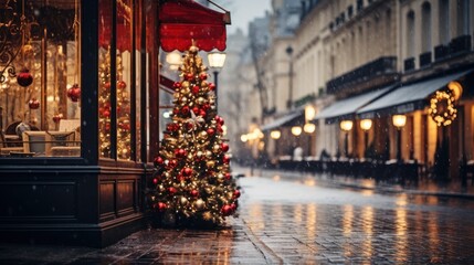 Christmas decorations on city street - obrazy, fototapety, plakaty