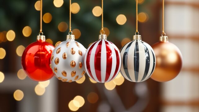 Charming Festive Baubles: Five Adorable Retro Christmas Decorations Suspended by a String.
