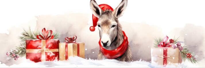 Cheerful Christmas Donkey: A Funny and Cute Watercolor AI Generated Image featuring a Donkey Dressed in Festive Cloth