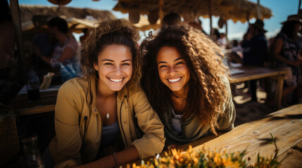 Two young women share a cheerful moment at an outdoor beach cafe during a sunny day, showcasing the joy of friendship. - Powered by Adobe