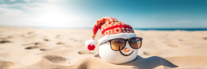 Cheerful Sandy Snowman Soaking Up Sun on Christmas in July Day - obrazy, fototapety, plakaty