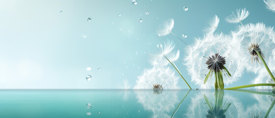 Seeds of dandelion flowers on a mirror with reflection on a turquoise background. Air soft image template Border.