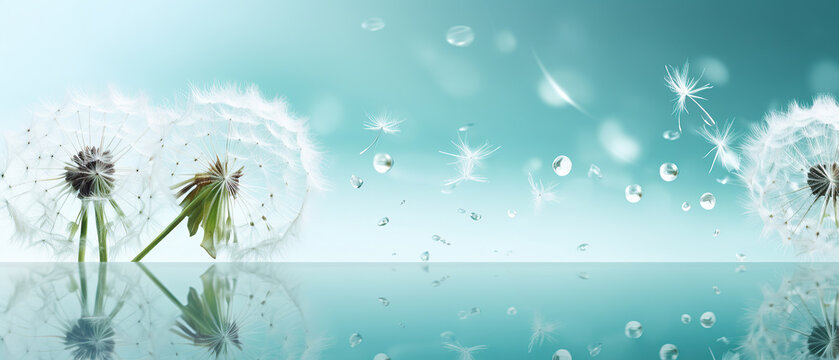 Seeds of dandelion flowers on a mirror with reflection on a turquoise background. Air soft image template Border.