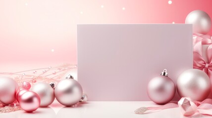 Naklejka na ściany i meble Chic Christmas DÃ©cor Poster showcasing Invitation Card and Silver Ornaments on Trendy Pink Background.