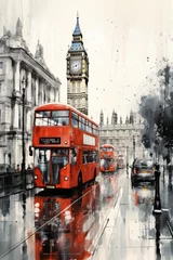 Papier Peint photo Lavable Bus rouge de Londres London street with red bus in rainy day sketch illustration