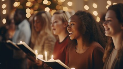 Choir by Candlelight: Glowing Candles Illuminate Christmas Hymns in Midnight Church Service. - obrazy, fototapety, plakaty