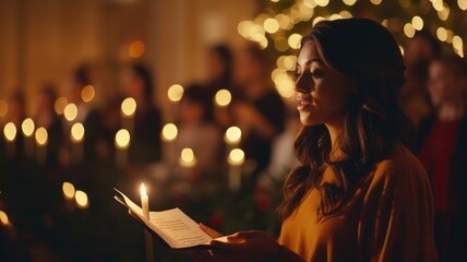 Choir Illuminated by Candlelight During Midnight Christmas Eve Church Service, Filling the Space with Holy Hymns in the Cold Winter Night. - obrazy, fototapety, plakaty