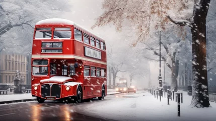 Schilderijen op glas London street with red bus in rainy day sketch illustration © olegganko