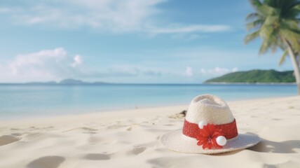 Fototapeta na wymiar Christmas in Hawaii: Santa Hat, Heart-Shaped Garland, and Sandy Beaches for a Romantic Vacation