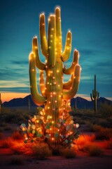 Christmas illuminations on an Arizona's Saguaro cactus in Tucson amidst evening blue skies. - obrazy, fototapety, plakaty
