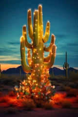 Poster Christmas illuminations on an Arizona's Saguaro cactus in Tucson amidst evening blue skies. © Sandris_ua