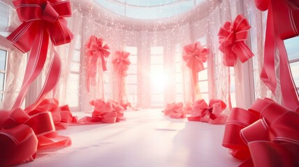 Classic Christmas Room with Festive Red Bows and Presents on Walls and Doors