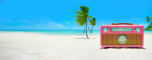 Radio on an empty sandy sea beach. Pink colored radio on the sand near the ocean water. Red radio near a palm tree on a desert island. Purple radio station. Copy space for text