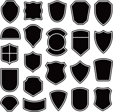 Black outlined heraldic shields. Police Badge Icons set. Coat of arms silhouette on white background. Protection and security symbol, label. 