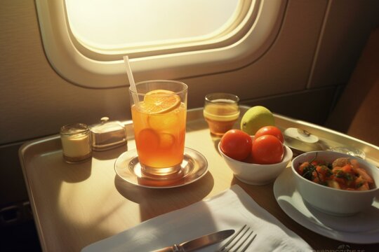 Refreshments on lounge table inside airplane. Generative AI