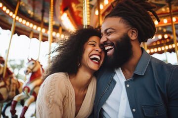 A joyful couple laughs together on a carousel.