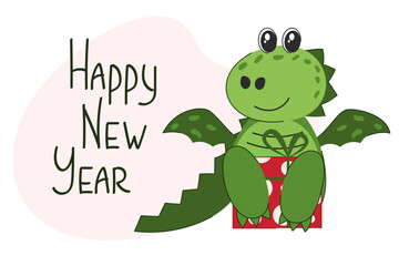 Green dragon with a gift. Happy new year greeting card. Vector illustration. 