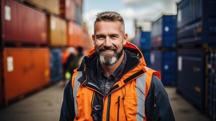 Fototapeta premium Foreman in charge of loading Containers boxes from Cargo freight ship for import and export surrounded by shipping containers.