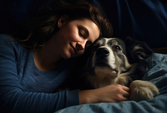 Smiling woman with dog lying in bed and hugging him