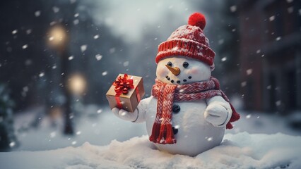 snowman with  christmas gifts - obrazy, fototapety, plakaty
