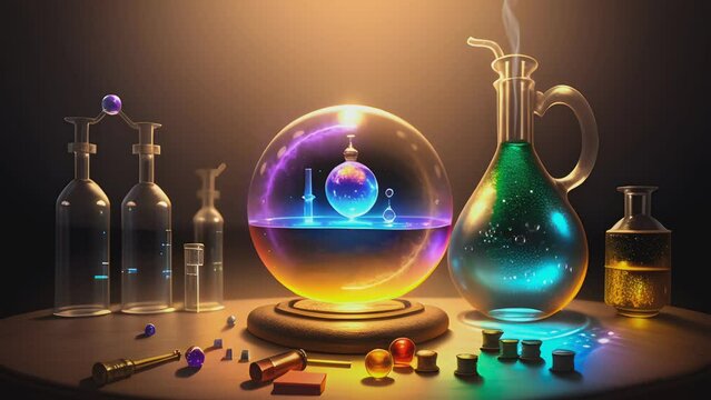 Glowing crystal ball and test tube on a table in a chemistry laboratory. Cartoon or anime watercolor painting illustration style. seamless looping 4K time-lapse virtual video animation background.