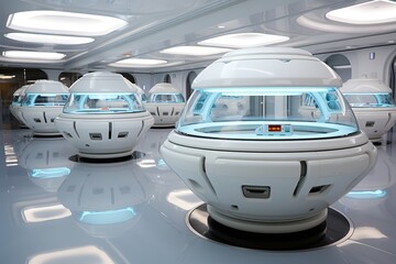 clandestine spacious and enormous underground research lab  all in white surfaces, hyperrealistic science fiction