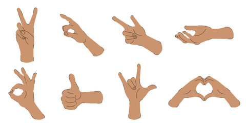 Set of flat illustrations of hands on a white background. Touch, dance, heart from hands, index finger, figure approx. Modern vector illustration of arms body parts.