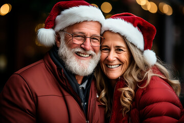 Photo of a mature European couple dressed in Christmas clothes and smiling, looking at the camera.