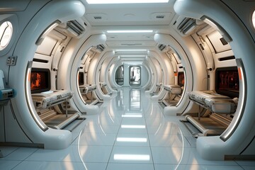 Fototapeta premium clandestine spacious and enormous underground research lab all in white surfaces, hyperrealistic science fiction