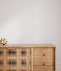 Wall mockup in interior background, room with natural wooden furniture, 3d render © artjafara