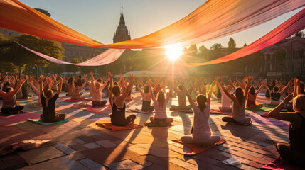 Golden Light: Yoga Festival with Flowing Poses in City Square