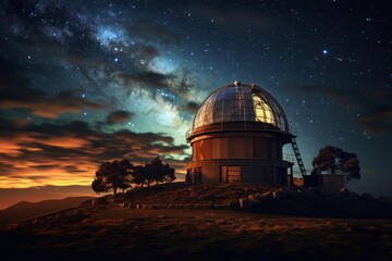 Astronomical observatory under a star-filled night sky.