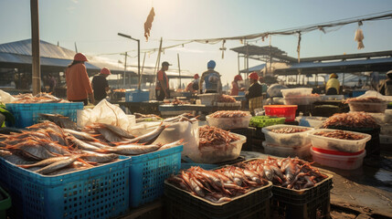 Vibrant Seaside Market: Colorful Seafood and Ripe Tropical Fruits - obrazy, fototapety, plakaty