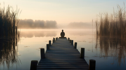 Morning Tai Chi Amidst Reeds Misty Lakeside Serenity - obrazy, fototapety, plakaty