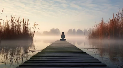 Rolgordijnen Dawn Tai Chi by the Misty Lakeside Serene and Ethereal Ambiance © javier